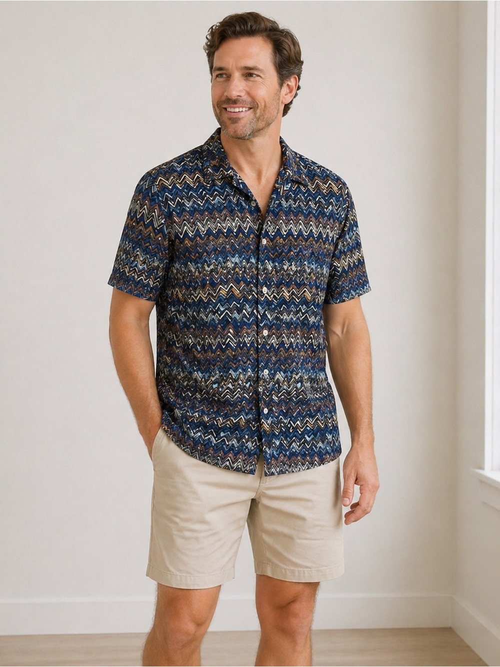 Men's Blue and Brown Zigzag Casual Shirt